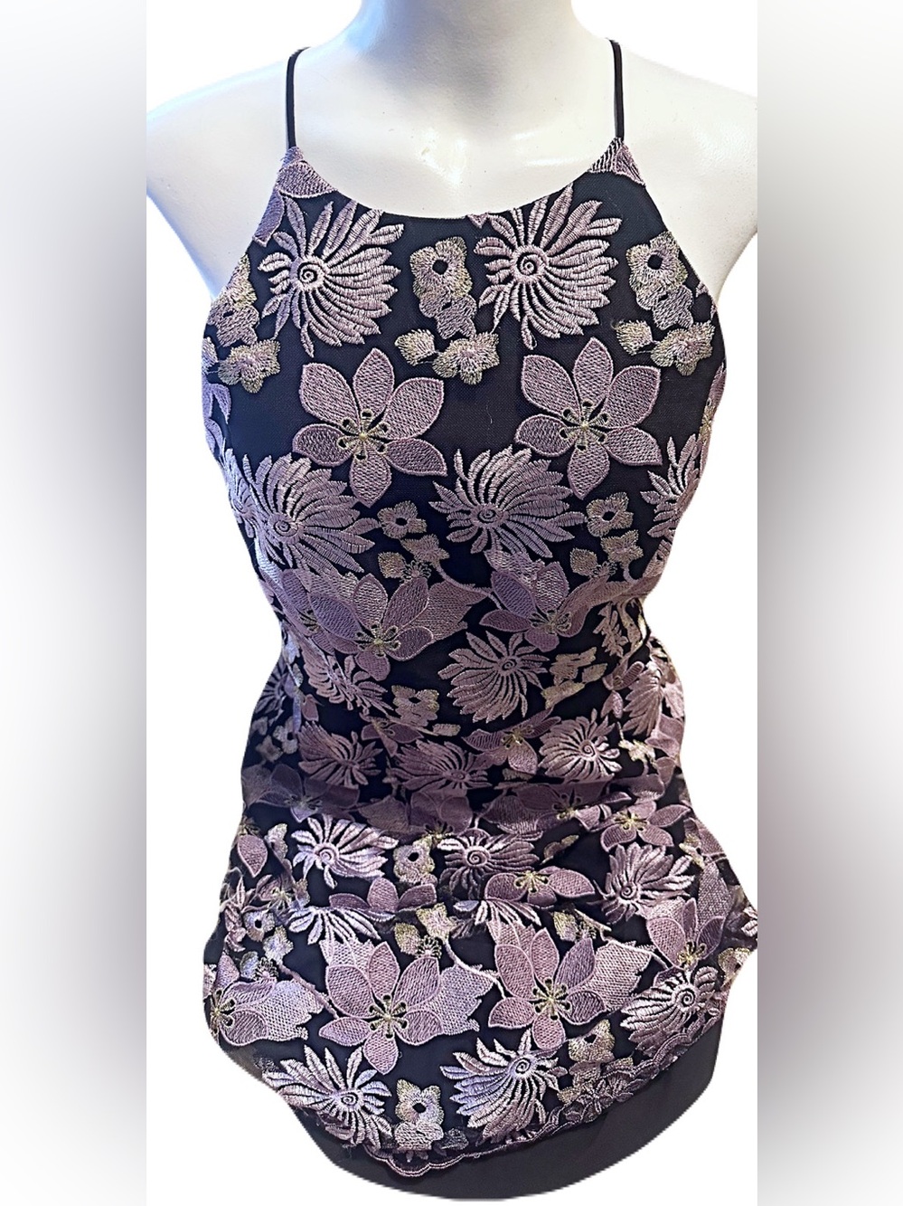 Minuet Petite Black with Lilac Floral Lace Halter Midi Dress